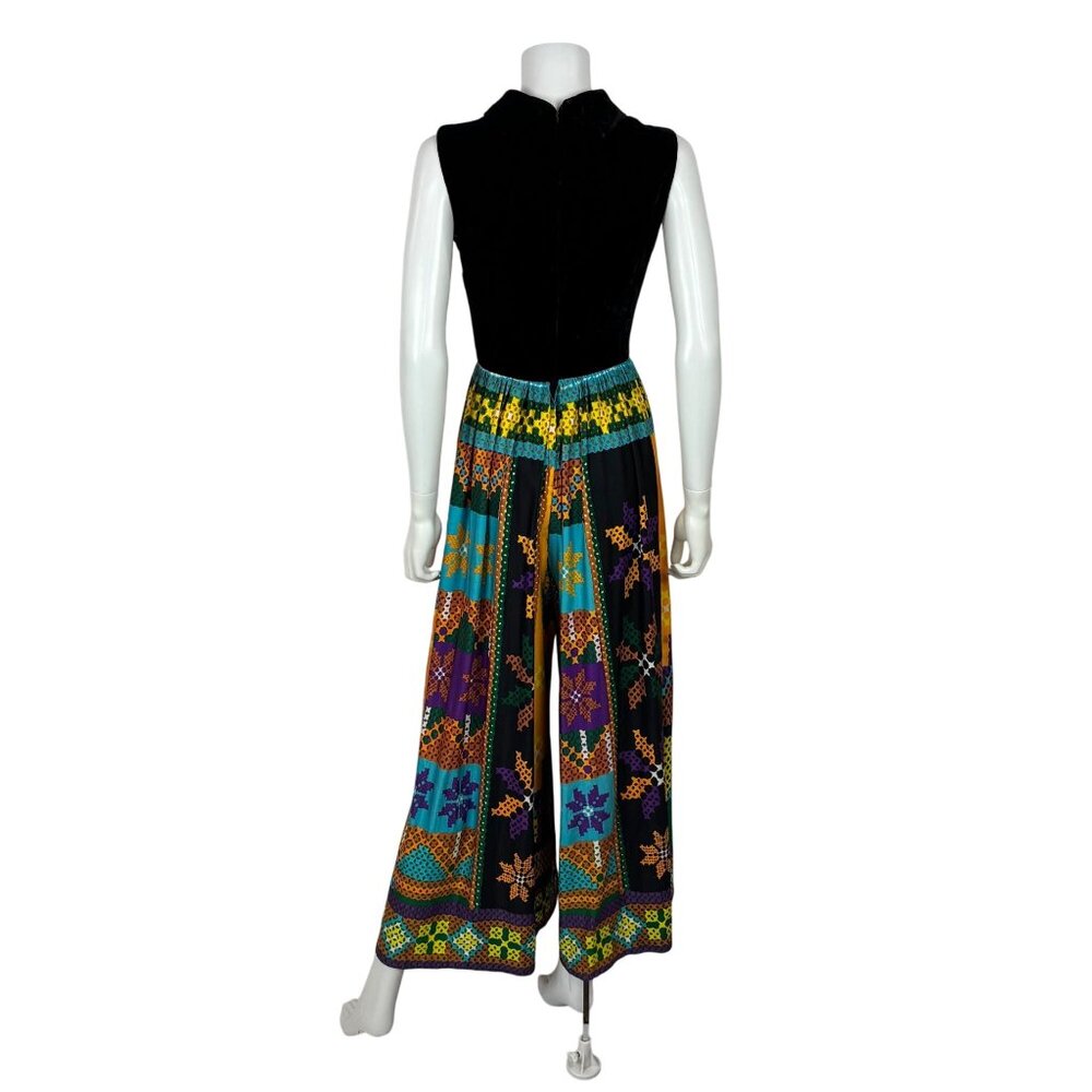 Vintage 60s Jumpsuit Womens XS Multicolored Wide Leg Pants Velvet Hostess Outfit - Picture 9 of 13